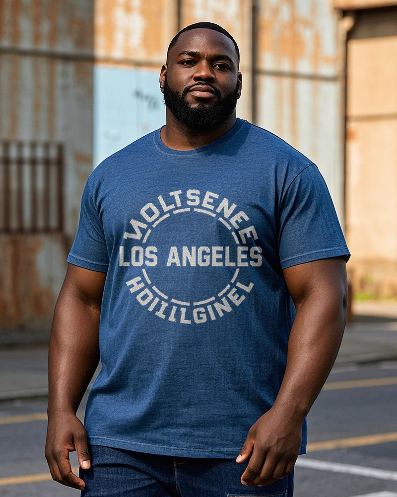 Big Men's Simple Fashion LOS ANGELES Letter Circle Printed Washed Denim Short Sleeve T-Shirt