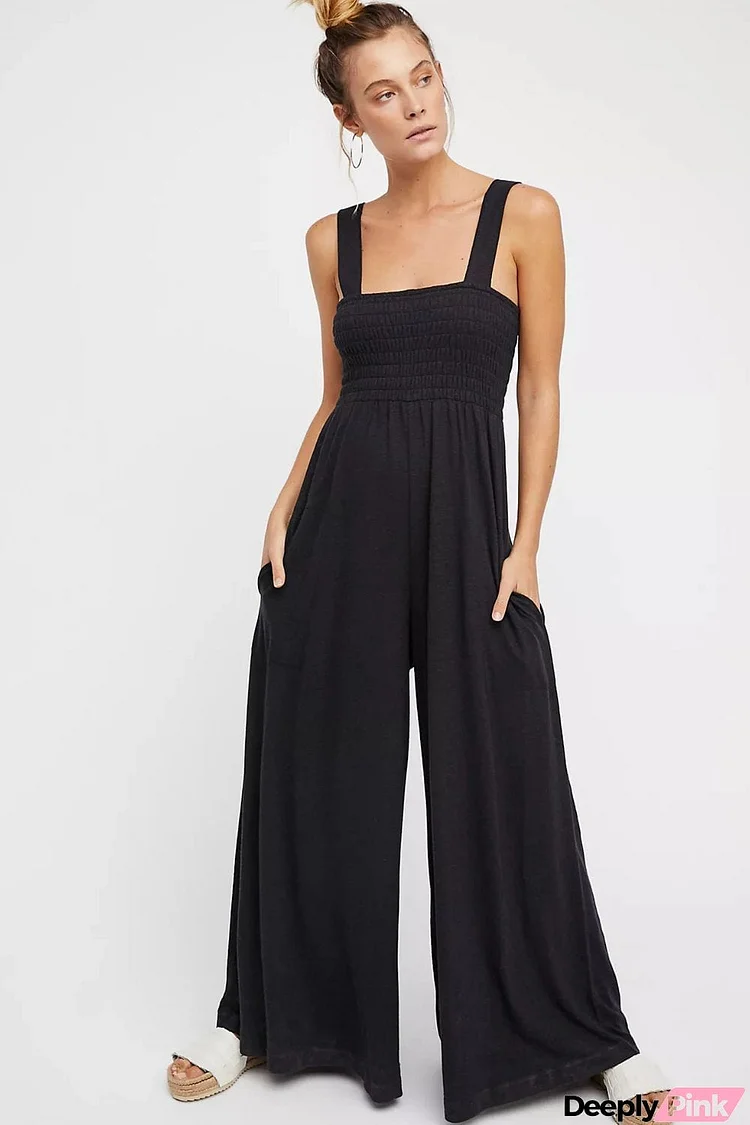 Smocked Square Neck Wide Leg Jumpsuit with Pockets