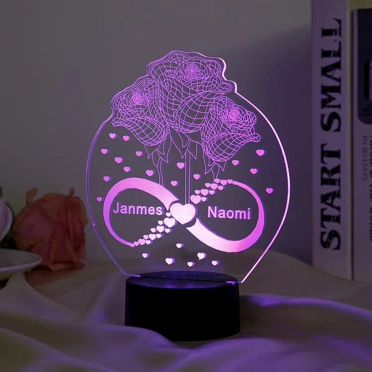 Personalized 3D Rose Infinity Night Light Custom Name 7 Colors LED Lamp