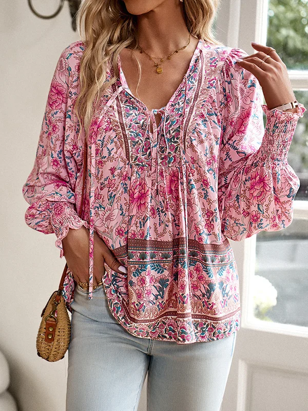 Flower Printed Long Sleeves Bohemia Blouses Shirts Loose V-Neck Blouses & Shirts Tops