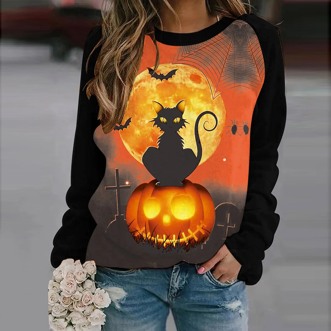 Halloween Full Moon And Pumpkin Print Women Sweatshirt