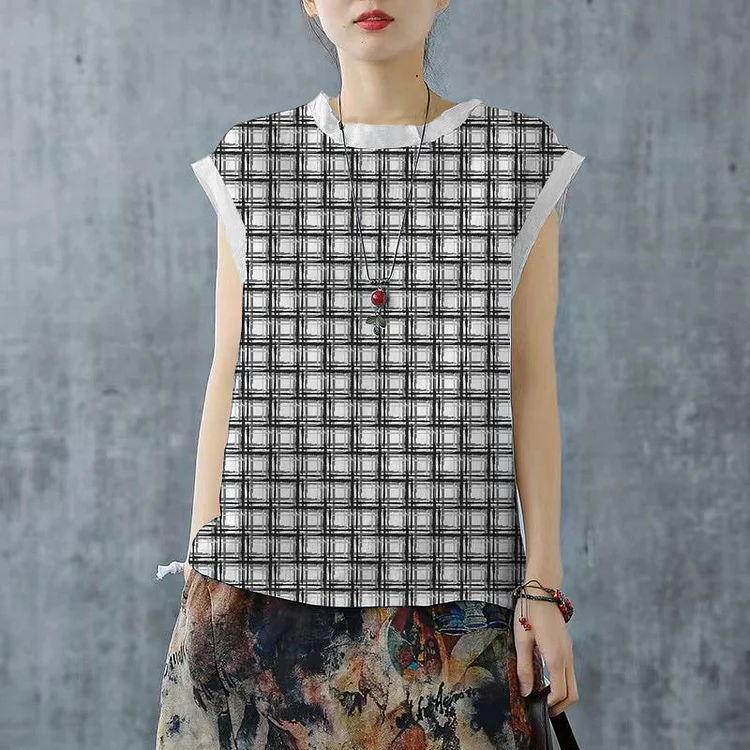 Plus Size black plaid drawstring Turtle Neck Linen Tank Short Sleeve
