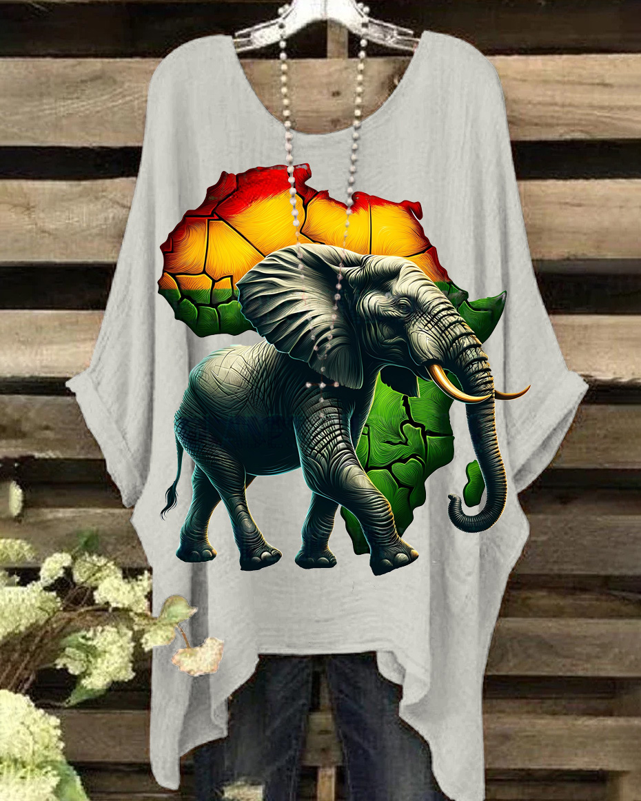 Retro African Elephant Map Print Casual Blouses