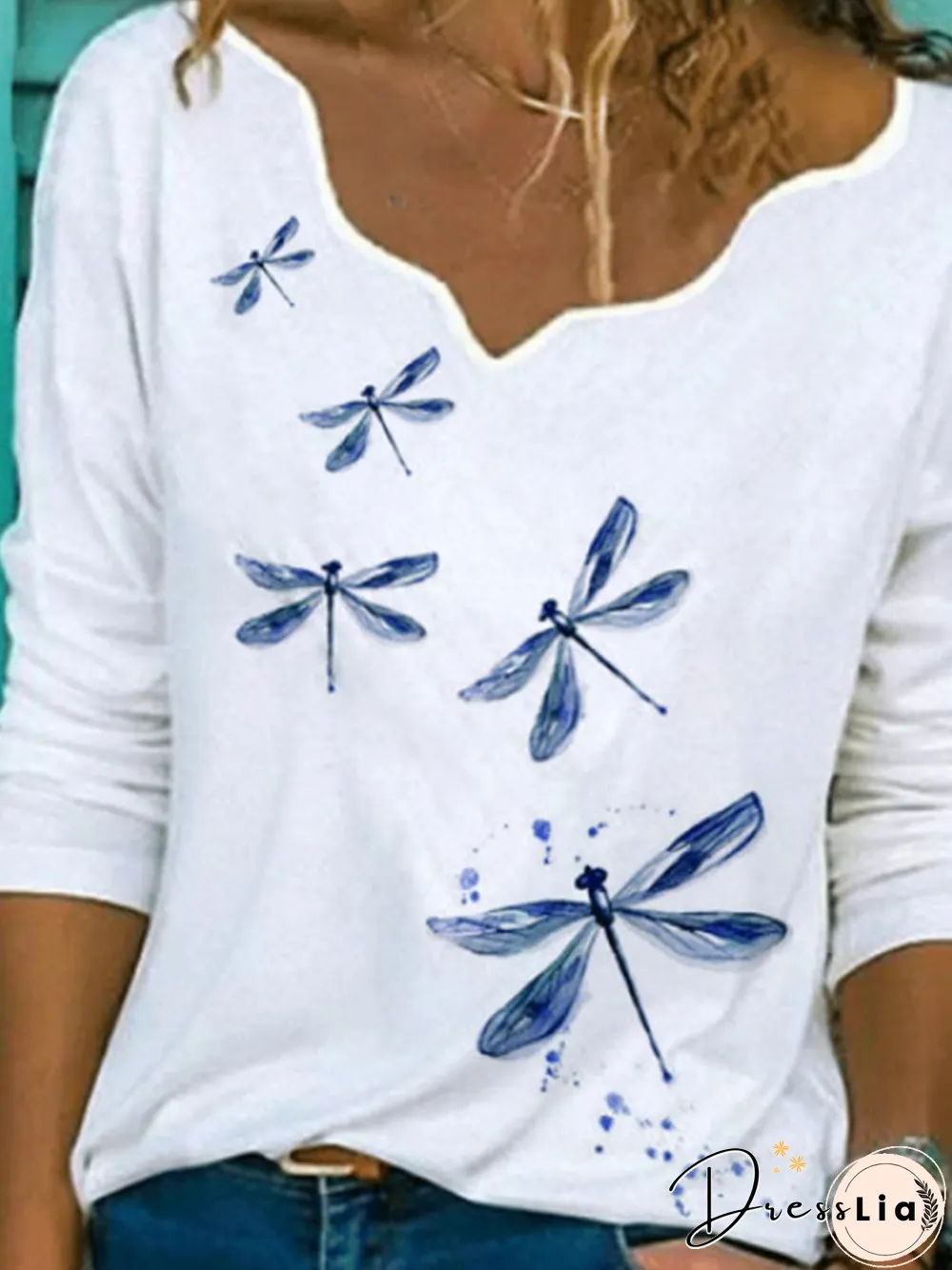 White Printed V Neck Casual Long Sleeve Shift Tops