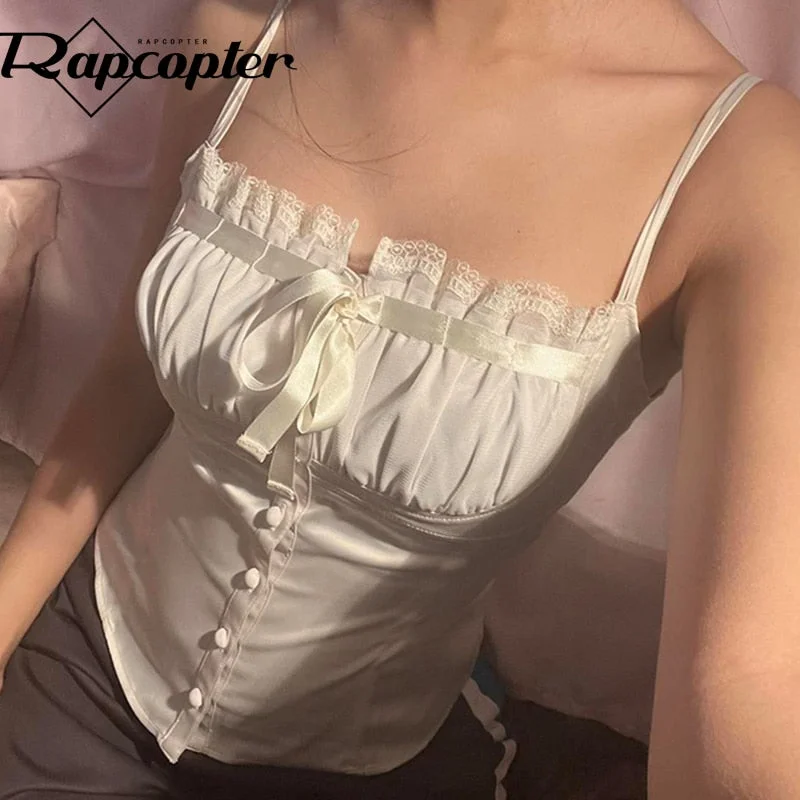 Rapcopter Y2K Satin Crop Top Elegant Vintage Cute Crop Top Bow Button Sweet Mini Vest Women Chic Party Sweats Summer Holiday 90s