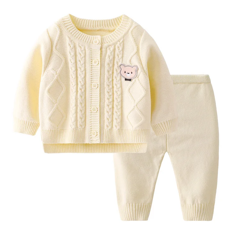 Baby Girl Ribbed Knit Bear Design Cardigan Sweatshirt with Pants Set