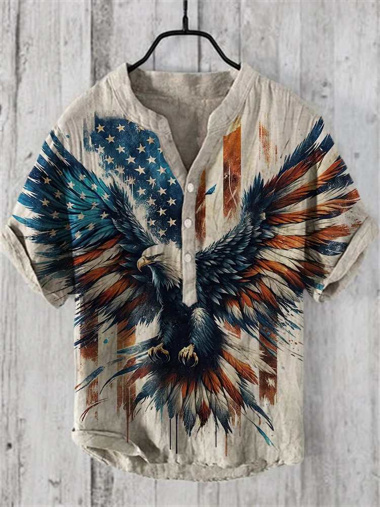 Men's USA Eagle Flag Patriotic Linen Blend Shirt