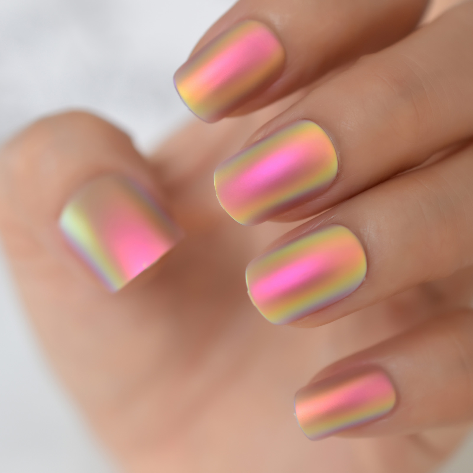 Collectvip Simple Summer Nails – Medium Square Glitter Press On Fake Nails with Pink Line Design  