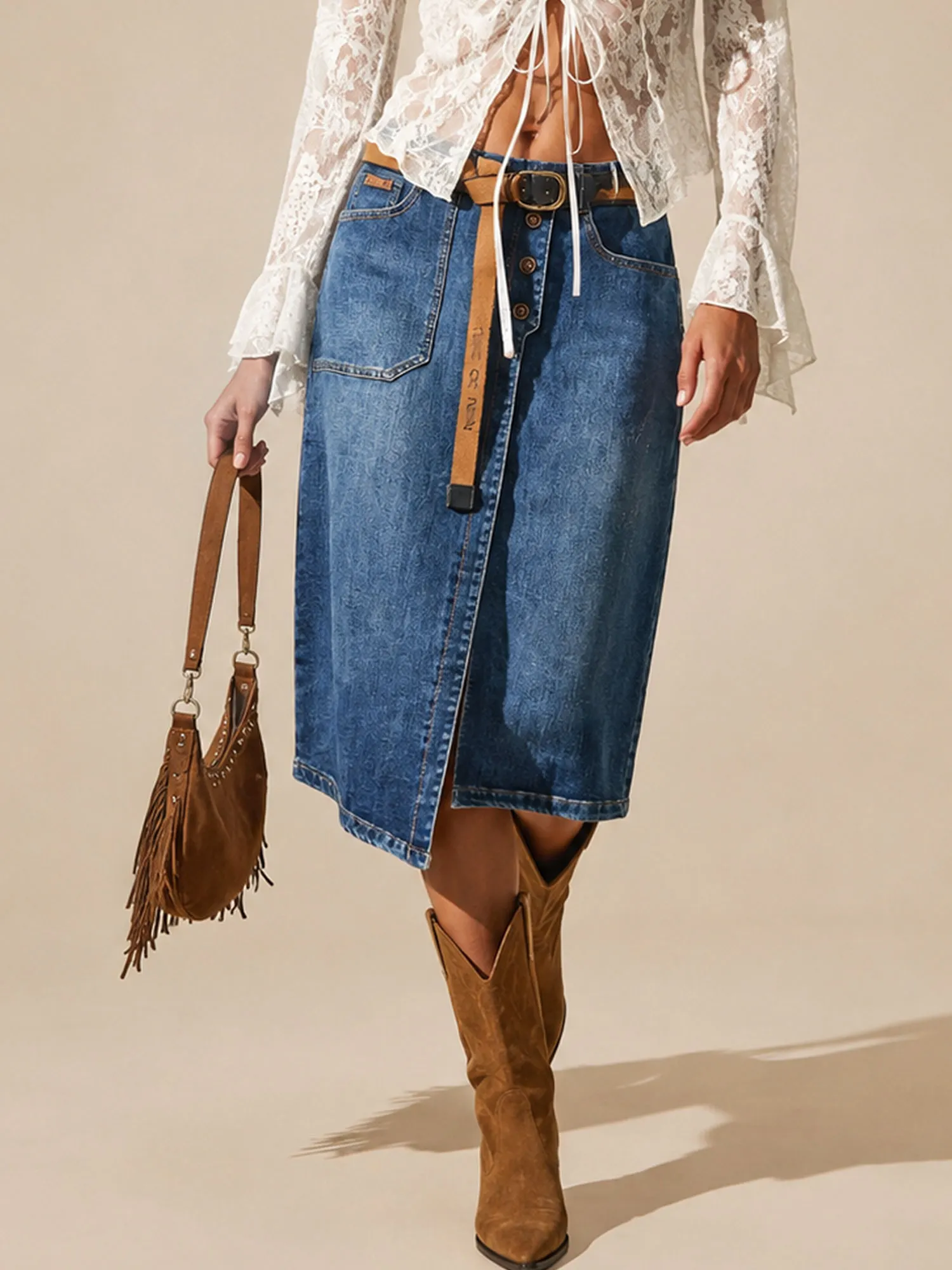 Perfect for Western Country Music Festival &mdash; Asymmetric Design and Comfortable Denim Fabric, 2026 Spring/Autumn Women's Western Vintage Skirt