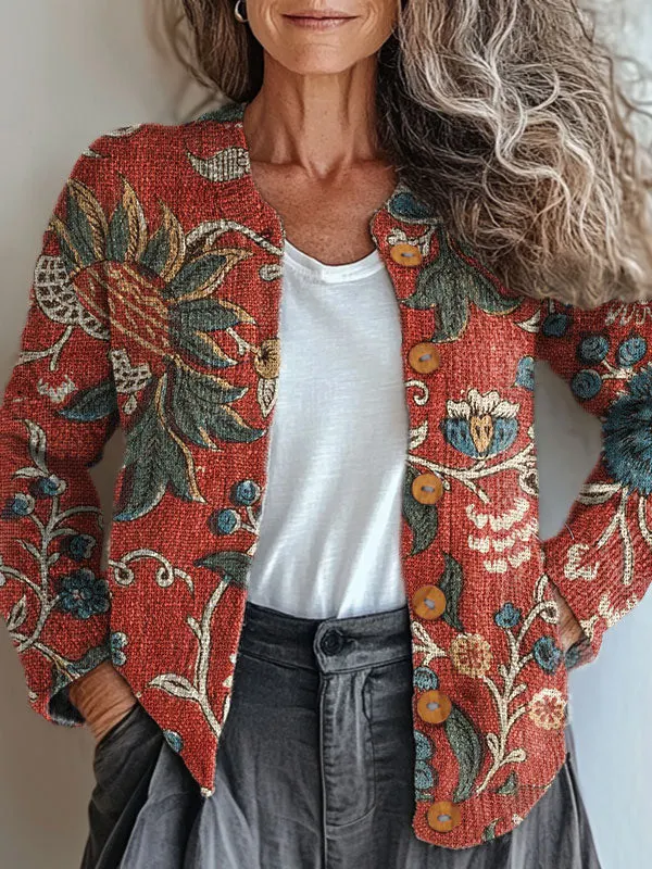 Vintage Flower Art Print Buttoned Cardigan Sweater