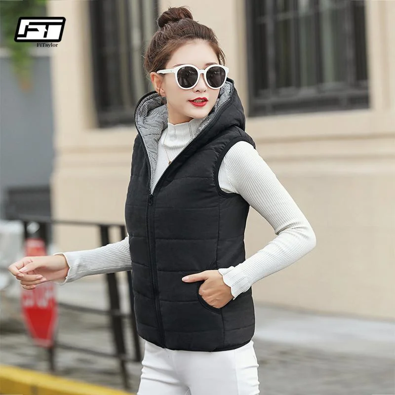 Fitaylor New Autumn Winter Women Vest Cotton Hooded Casual Slim Waistcoat Female Sleeveless Jacket