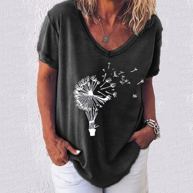 Dandelion print V-neck short-sleeved women T-shirt