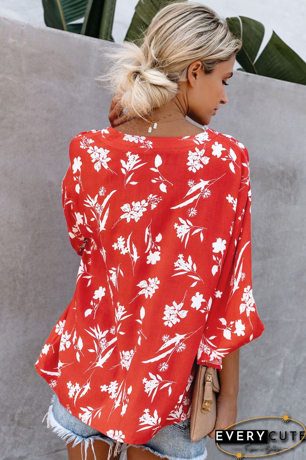Red Floral Button Down Top