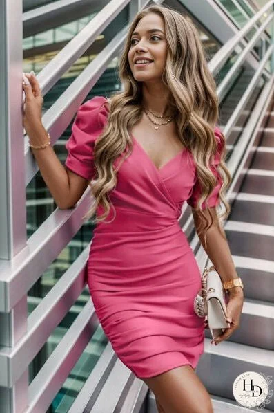 Ruched Surplice Puff Sleeve Wrap Dress