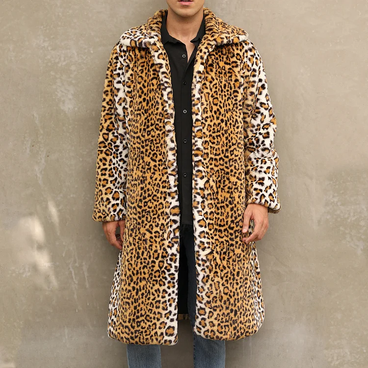 Men's Daily Lapel Collar Allover Leopard Pattern Warm Coat