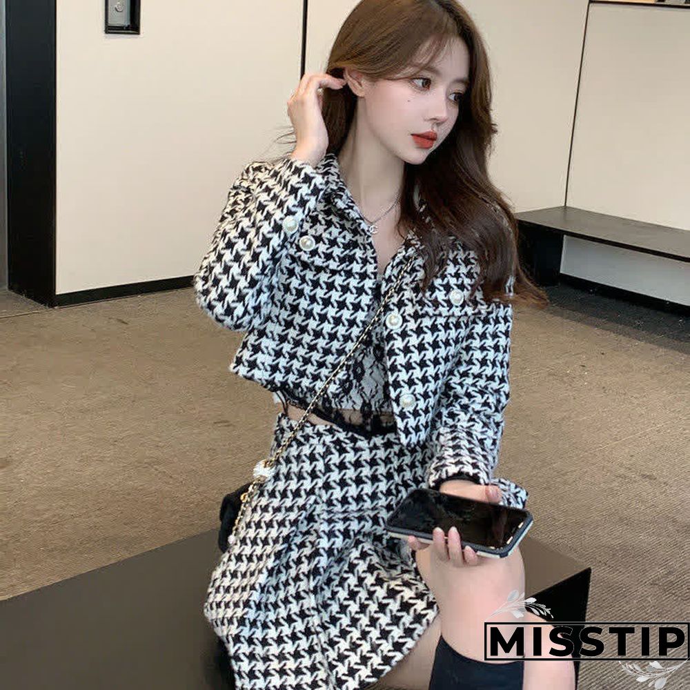 Chic Houndstooth Print Crop Blazer Jacket Pleated Skirt
