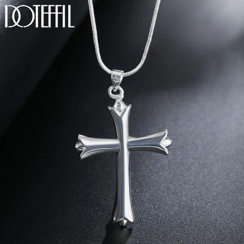 DOTEFFIL 925 Sterling Silver 18 Inch Snake Chain Cross Pendant Necklace For Women Man Jewelry