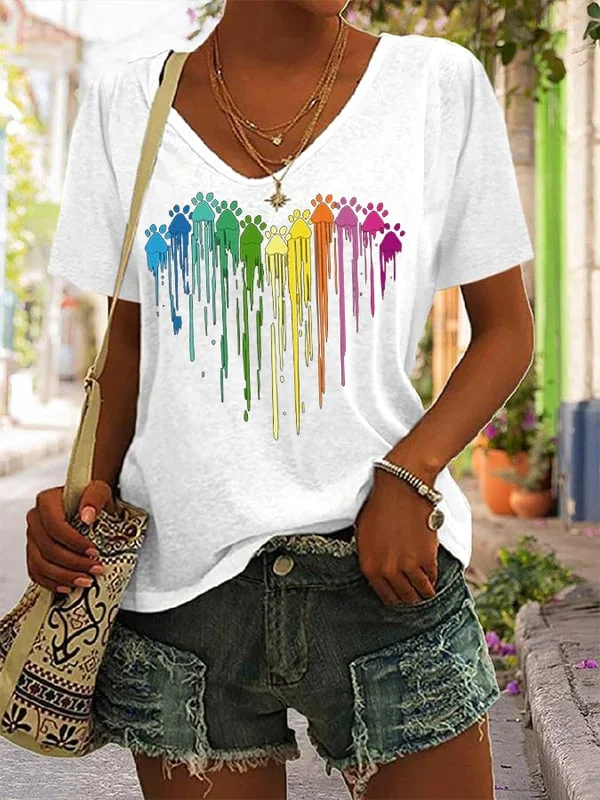 Women's Colorful Paw Print Dog Lovers Casual V-Neck Tee