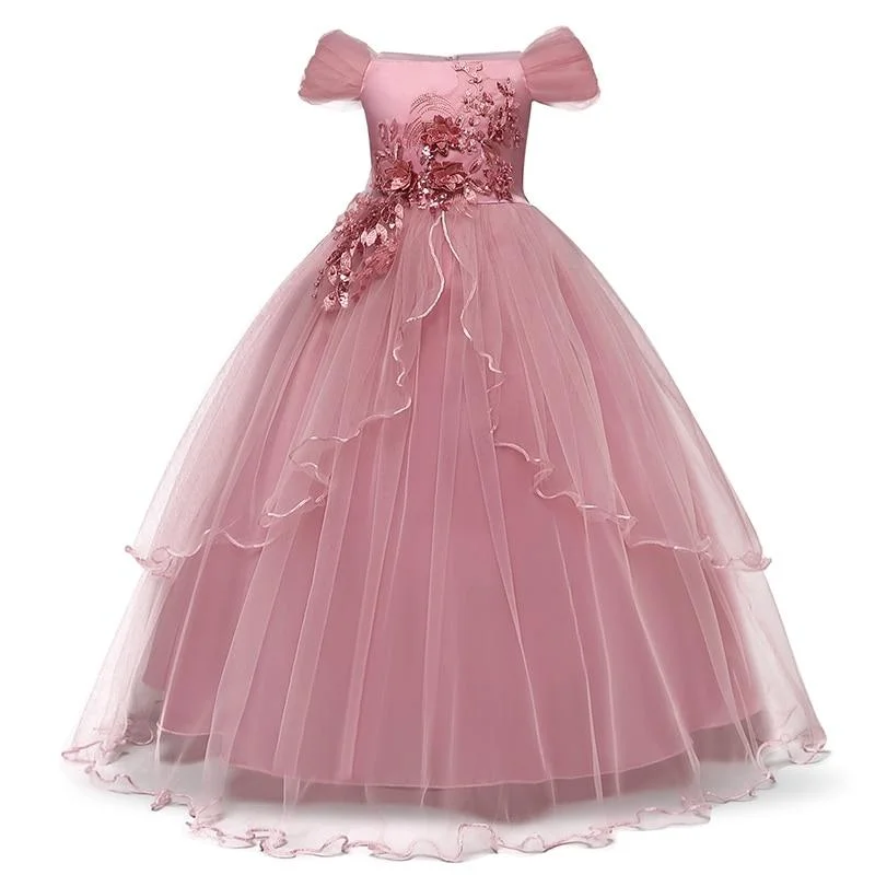 2021 Girls Summer Dress Embroidery Bridesmaid Princess Dress Kids Dresses For Girls Children Party Wedding Dress 10 12 14 Years