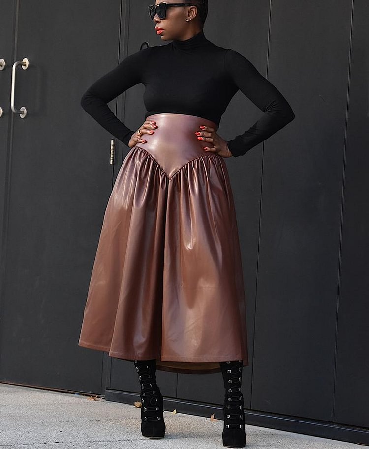 Women Stretchy Folds Faux Leather Skirt