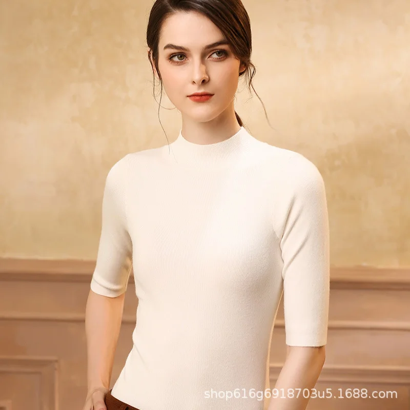 Churchf Churchf 2024 New Half High Turtleneck Slim Sweater Knit Short Sleeve Half Sleeve Five Minutes Middle Sleeve Tight Middle Sleeve Bottom Shirt
