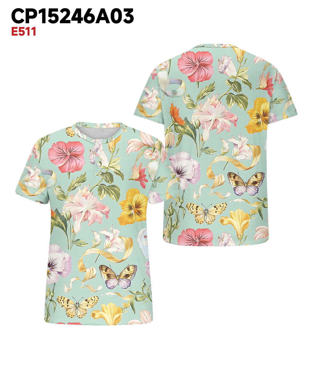 Men's Plus Size Hawaiian Green Butterfly Floral Print Henry Collar Button Short Sleeve Tee