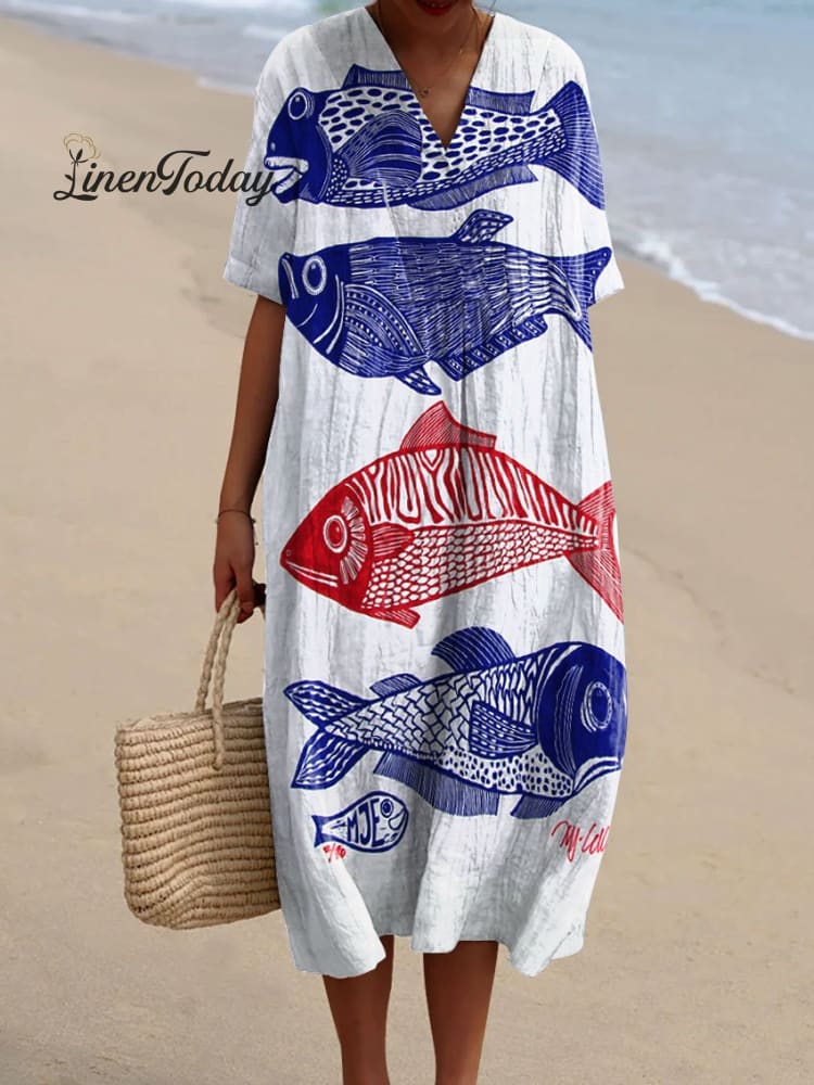 Women’s Vintage Fish Art Print Flowy Dress Multicolor / S