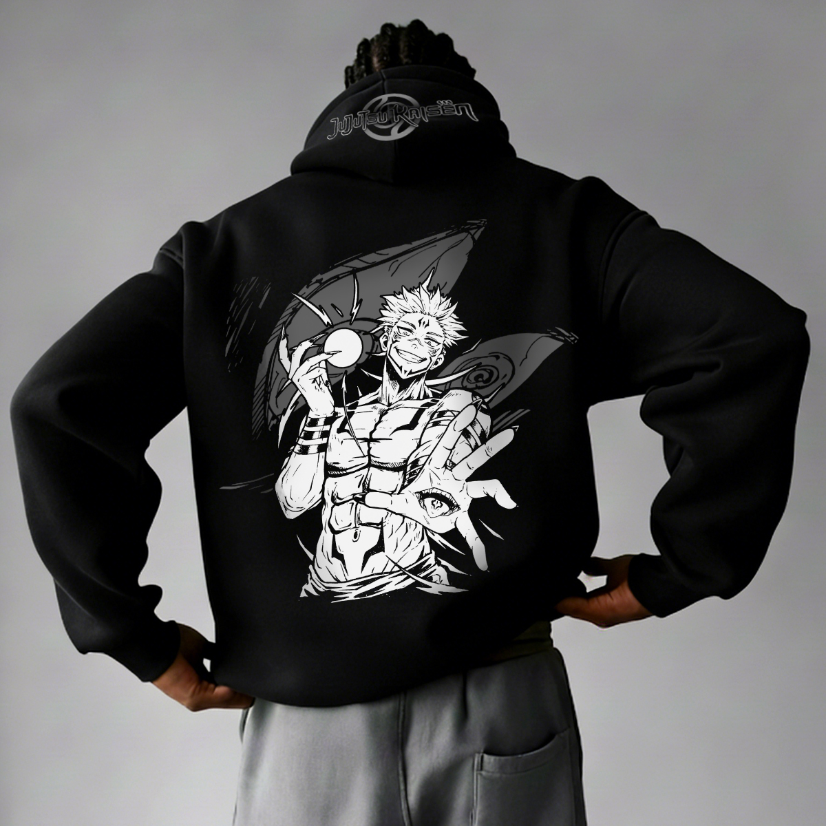 Anime Character Print Hoodie with Glowing Design and Hood Logo