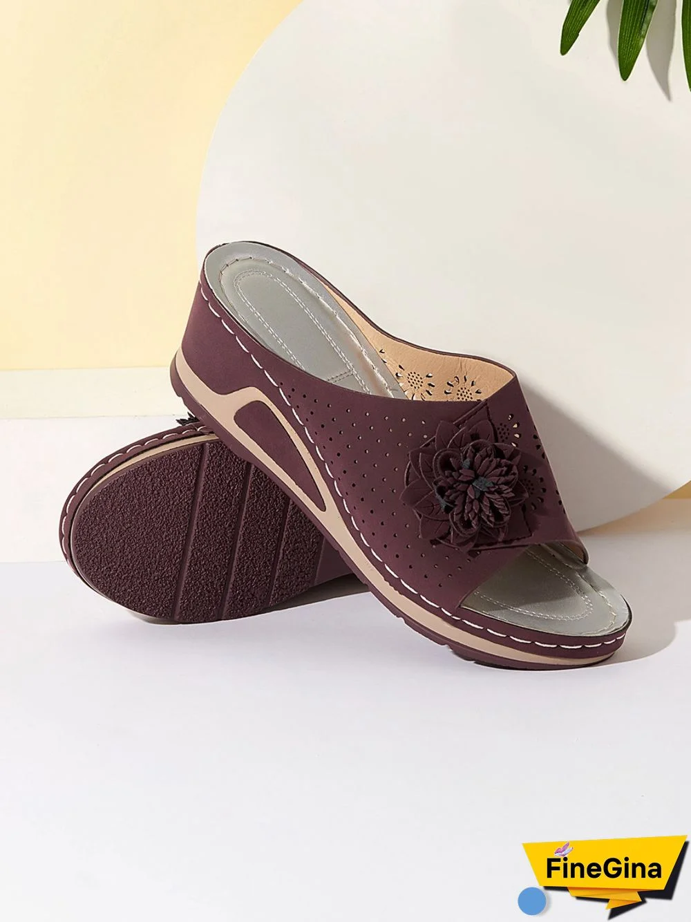 3D Floral Cutout Upper Vintage Bohemian Wedge Slippers