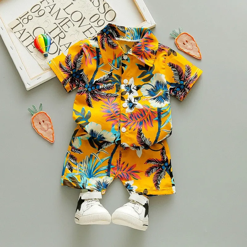 Boys/Girls Short-sleeved Shirt+Shorts Set 2021 Summer New Fashionable and Handsome 1-2-3-4-5 Years Old Kids Beach Vacation Suit