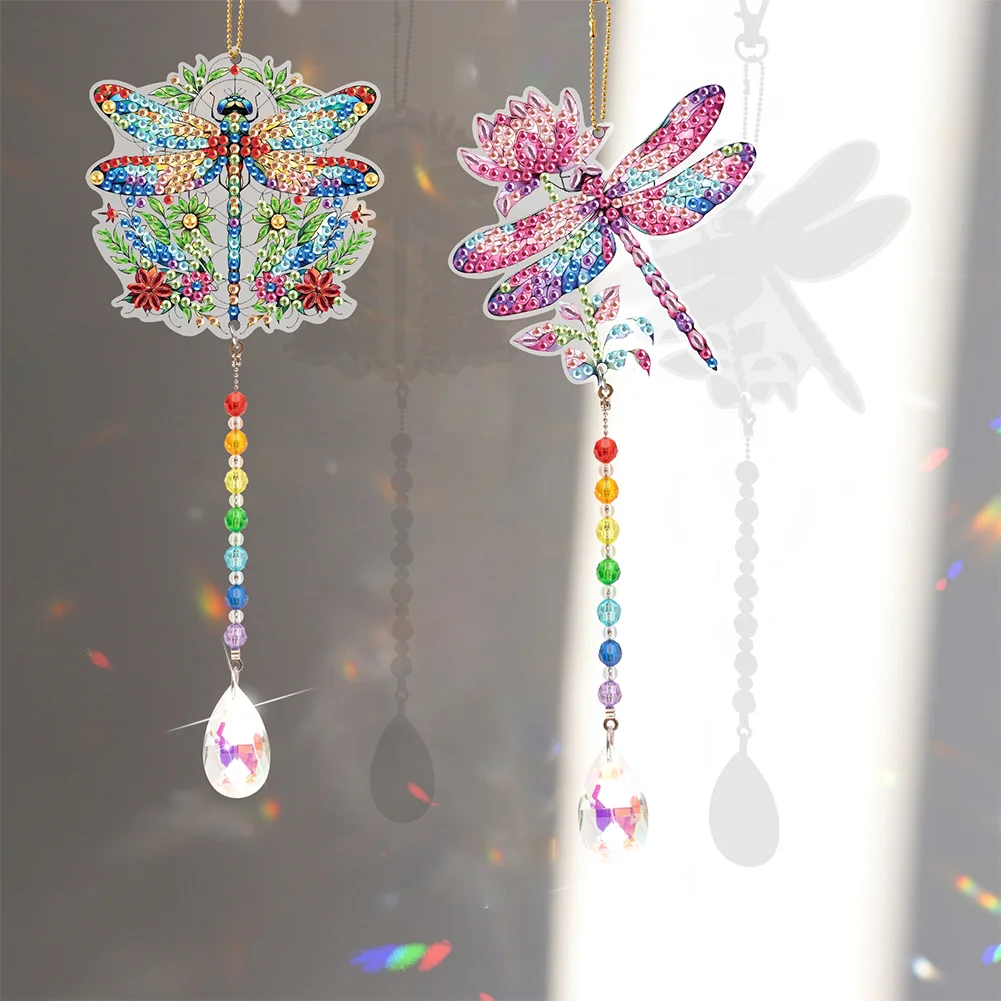 2Pcs Diamond Painting Sun Catcher Crystal Painting Ornaments (Flower Dragonfly)