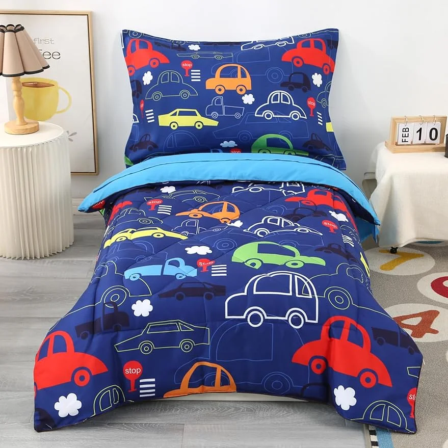 Toddler Bedding Sets for Boys, 4 Piece Blue Car Toddler Bed Set with Comforter, Flat Sheet, Fitted Sheet and Pillowcase