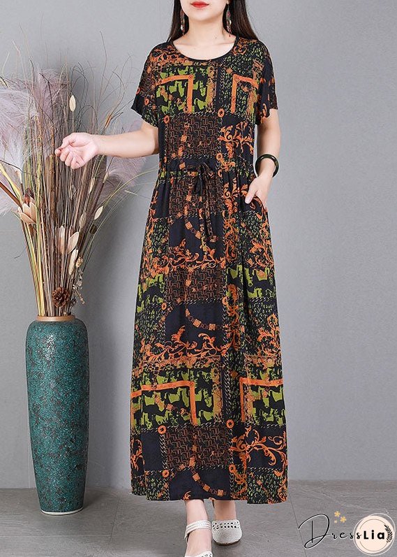 Plus Size Red O-Neck Cinched Print Drawstring Silk Long Dresses Short Sleeve