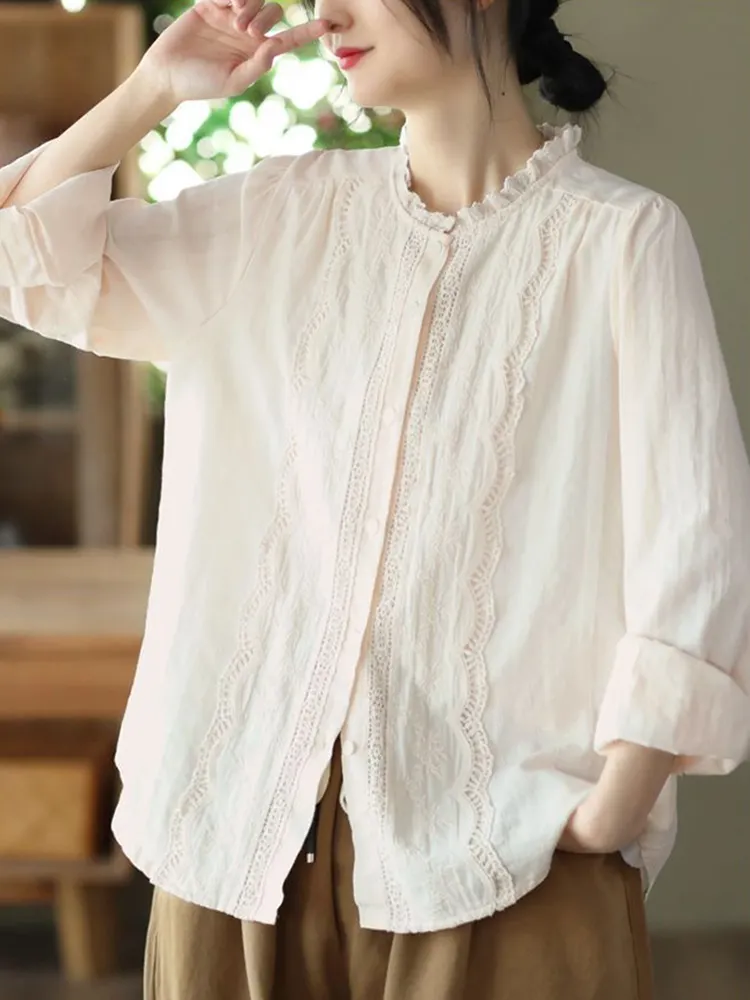 Vintage Lace Embroidery Button Cotton Linen Comfy Shirt