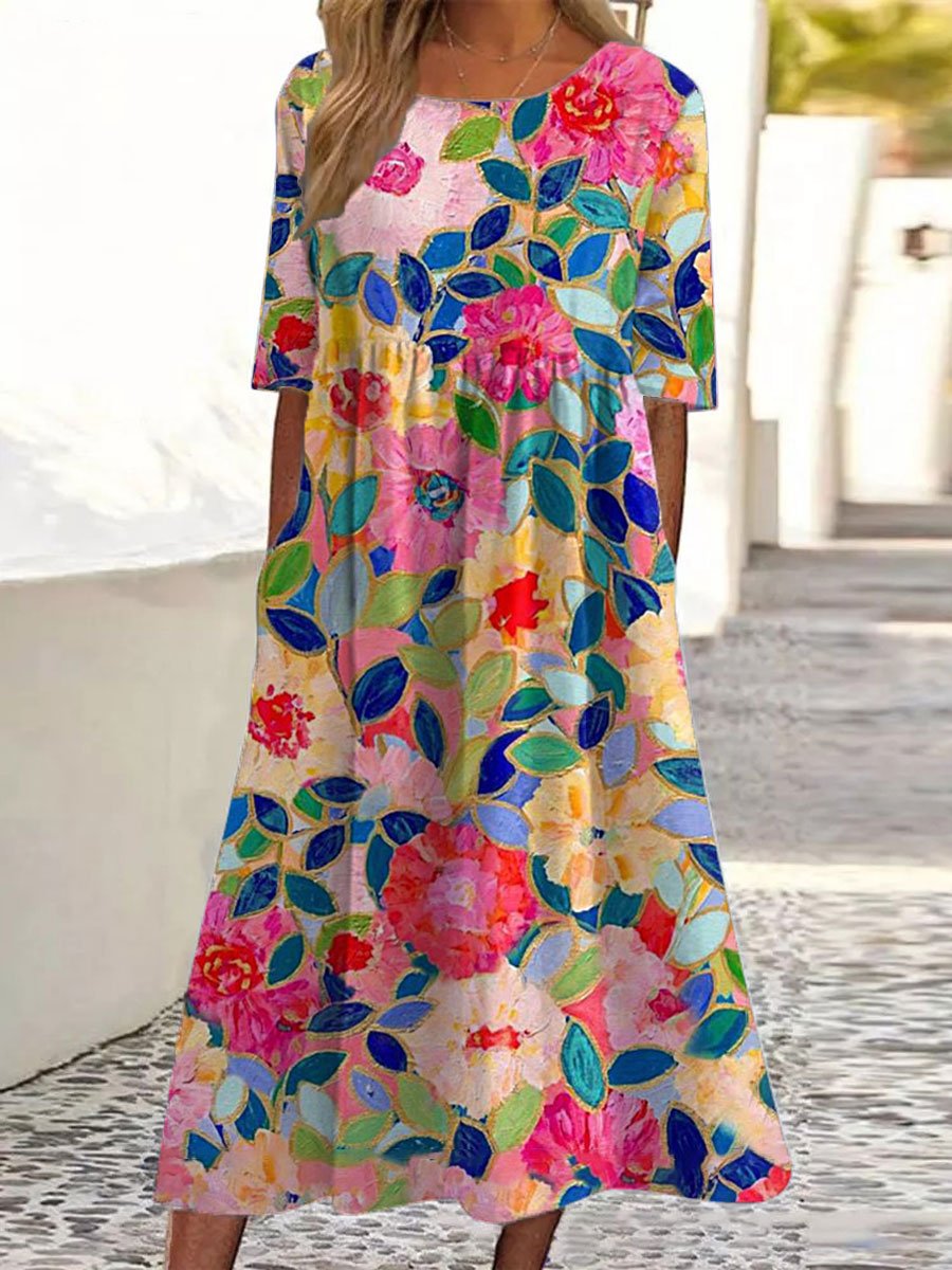 Women's Colorful Flower Print Pocket Cotton Dress