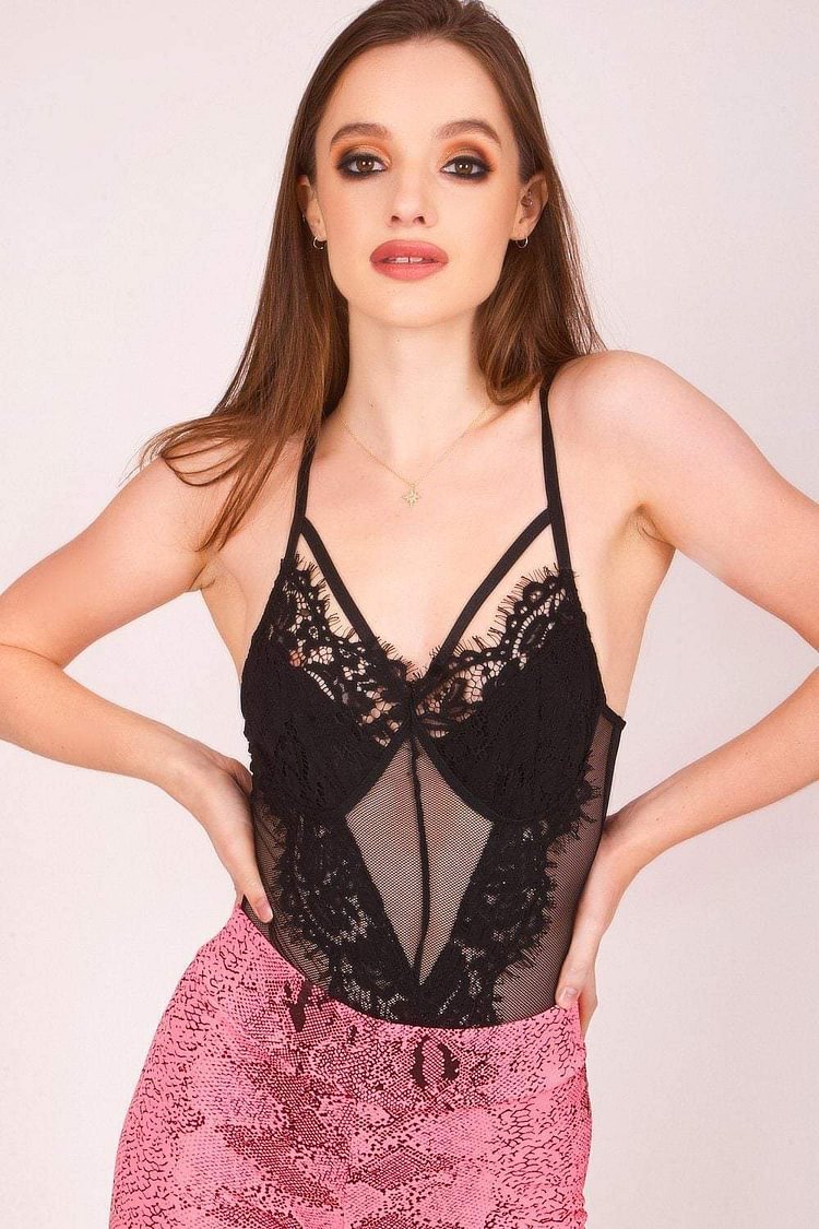 Black Mesh Insert Plunge Bodysuit Katch Me