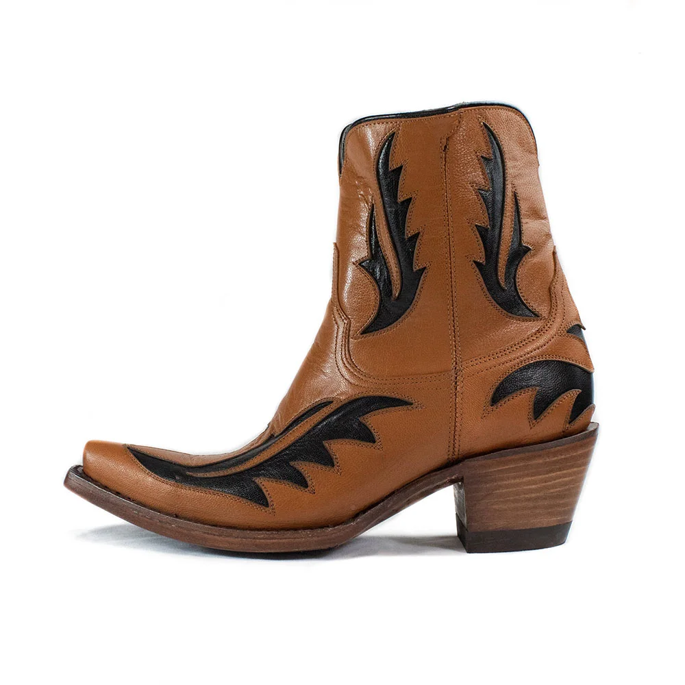Brown Snip Toe Black Inlay Stacked Heel Zipper Short Cowgirl Boots