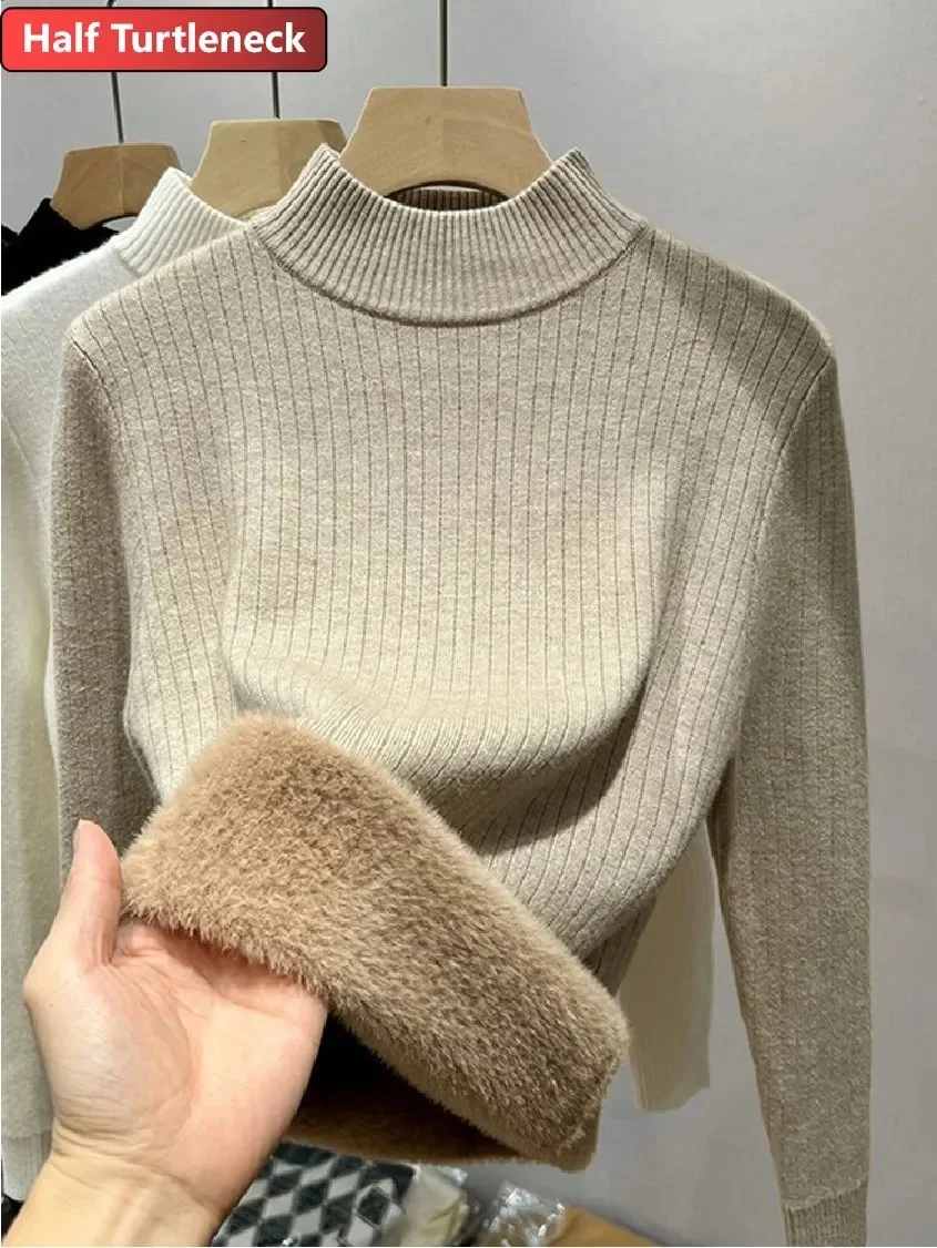 Uveng Warm Sweater Pullover Women Slim Thicken Plush Velvet Lined Knitwear Jumper Korean Half Turtleneck Poleras Soft Knit Tops