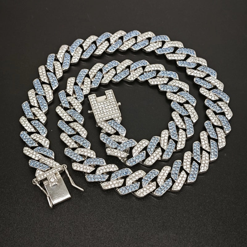 Qianshimei New 14mm Encryption Color Half Blue Half Pink Dragon Beard Buckle Flip Rhombus Cuban Chain Hip Hop Necklace