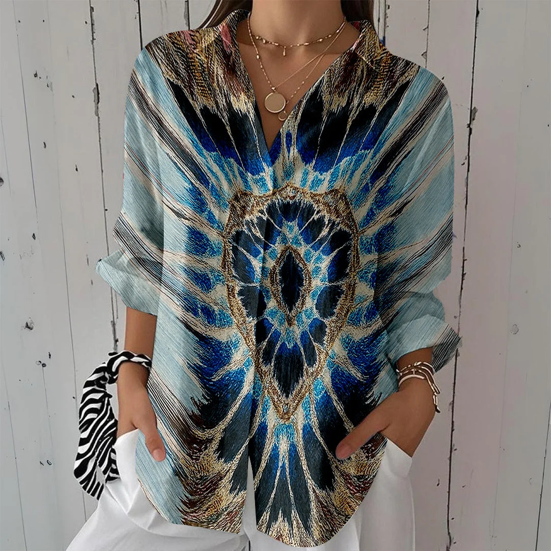 Style & Comfort for Mature Women Women Ethnic, Bohemian, Blue, Brown DZCL0483 3/4 Sleeve Shirt Collar Printed Button Tops