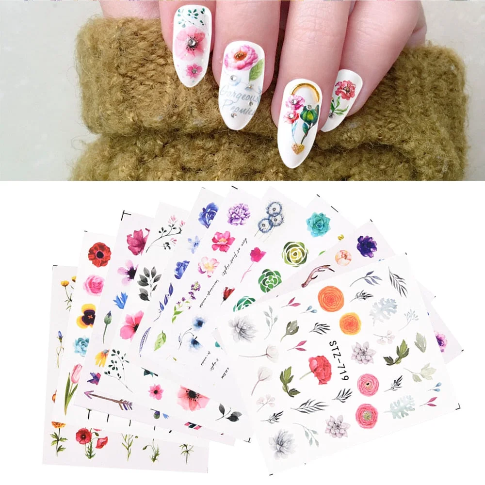Coloful Flower Leaf 3D Stickers on Nails Decoration Tattoo Water Decals Nail Sticker UV Gel Slider Manicure Wraps-Nail Inspo