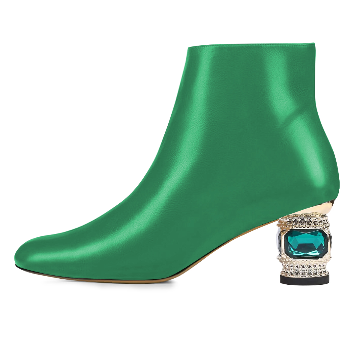 Green Pointed Toe Decorative Heel Stylish Shiny Side-Zip Ankle Boots Nicepairs
