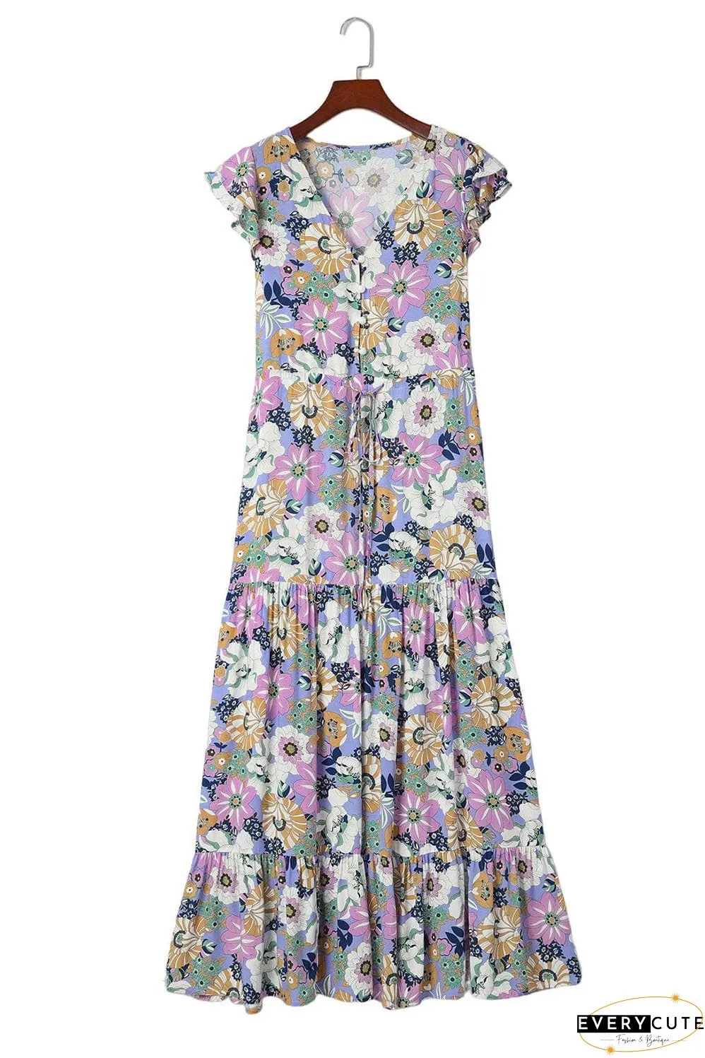 Purple Maxi Bohemian Floral Dress with Layered Ruffle Sleeves
