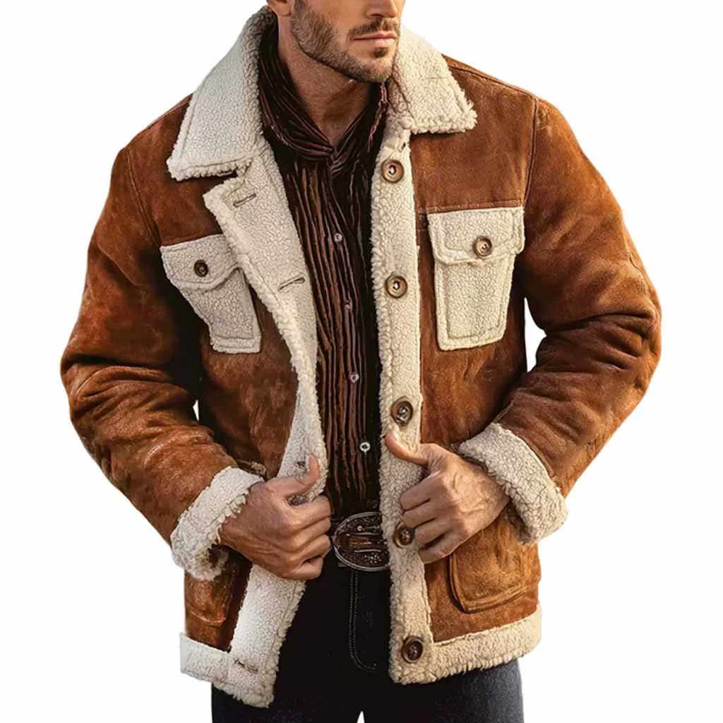 Men's Vintage Western Cowboy Brown Multi-Pocket Lapel Shearling Jacket