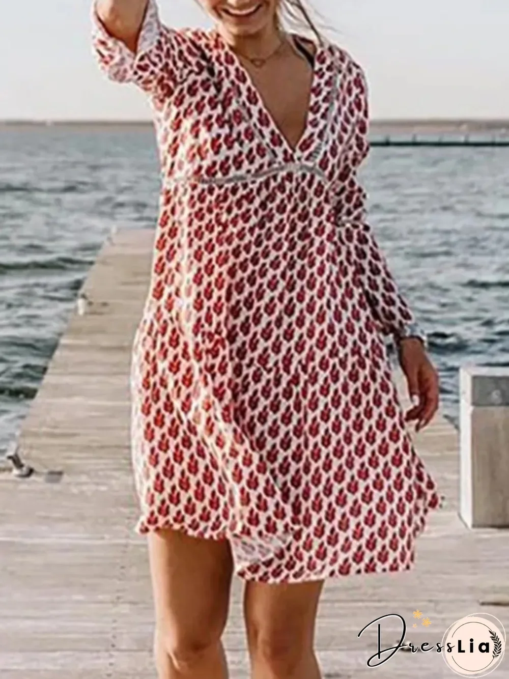 Stunning V-Neck 3/4 Sleeve Printed Mini Dress P15650