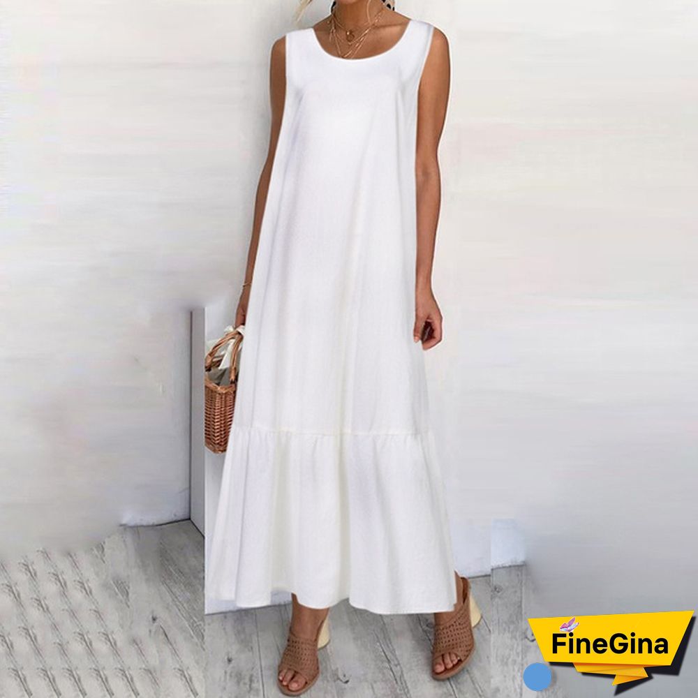 Womens Sleeveless Vest Long Dress O Neck Solid Color Party Casual Loose Summer Maxi Dresses Plus Size