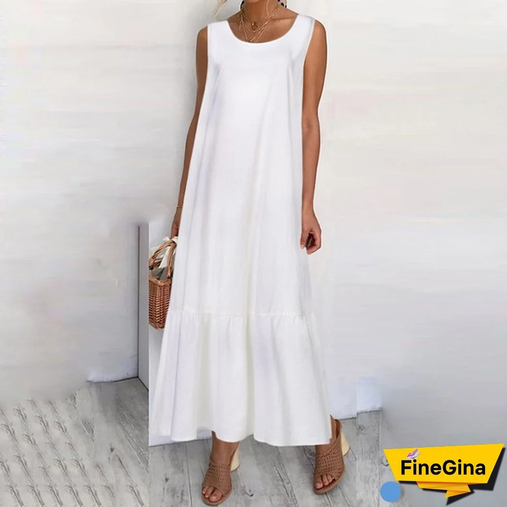 Womens Sleeveless Vest Long Dress O Neck Solid Color Party Casual Loose Summer Maxi Dresses Plus Size