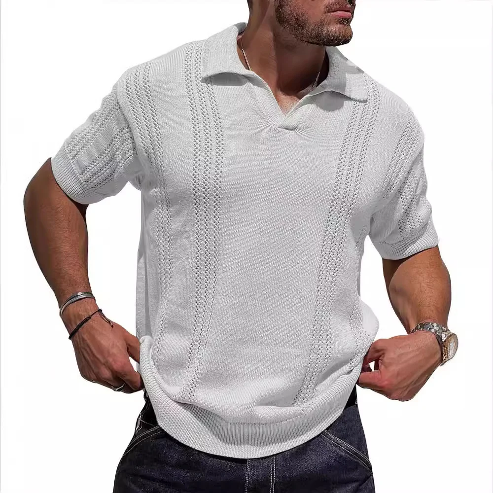 Brownm Brownm New Fashion Men's Knit POLO Shirt Short Sleeve V-Neck Loose Solid Color Hollow Out Men's Jacket Men