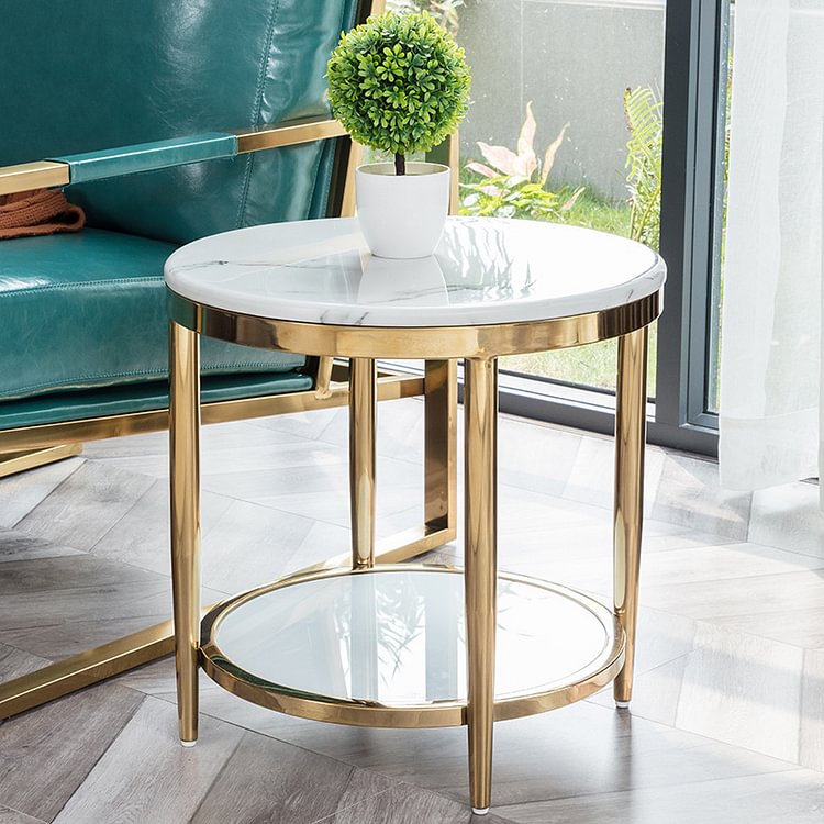 Homemys Round End Table for Living Room with Storage Shelf Gold Stainless Steel