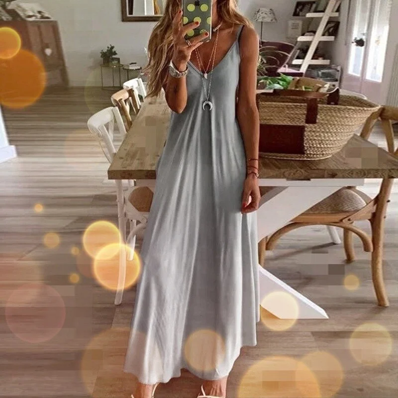 Women's Casual Sexy Sleeveless V-neck Floral Maxi Dresses Tank Long Boho Dress Plus Size Spaghetti Bohemian Beach Sundress